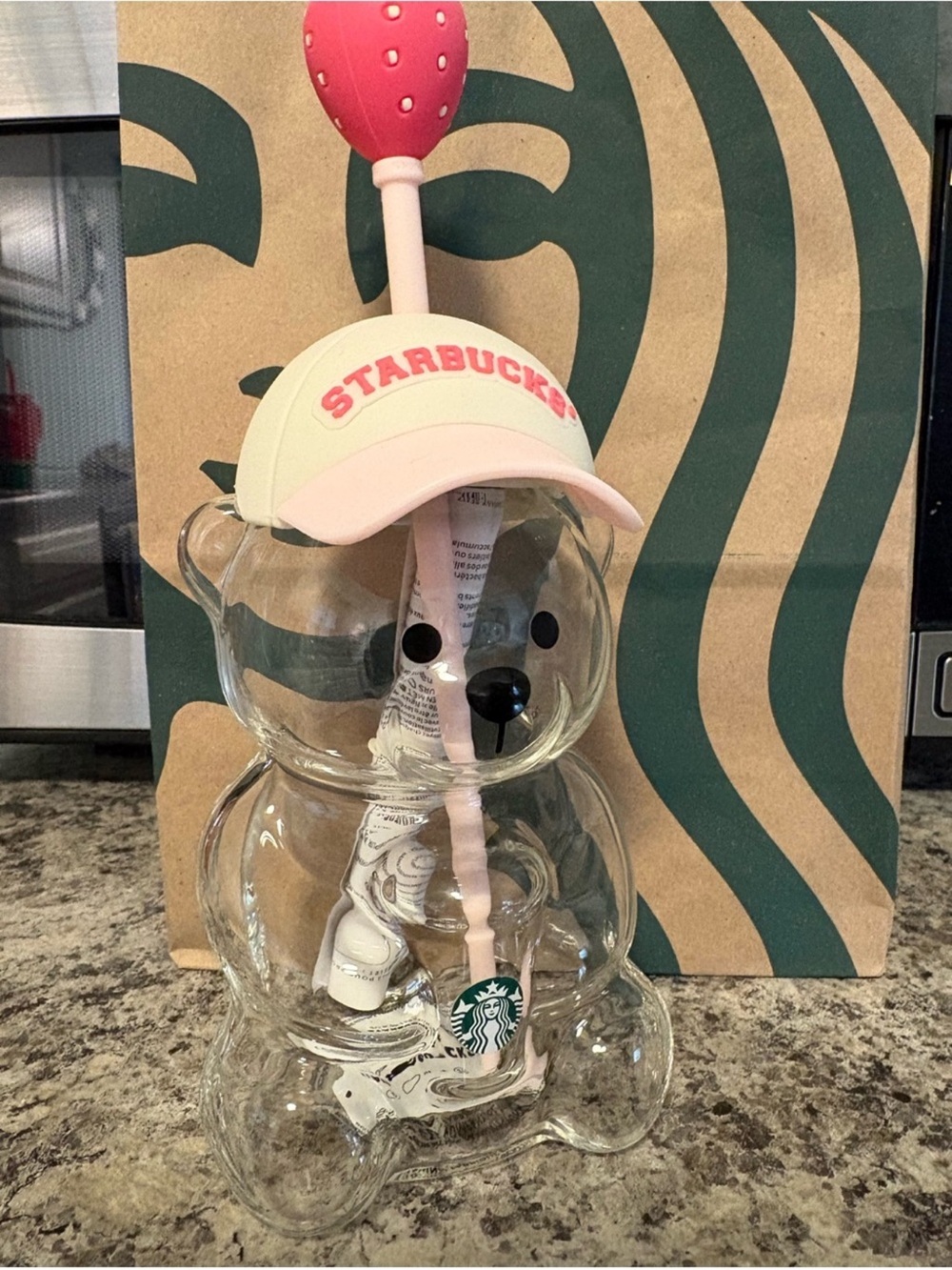 Starbucks  Clear Bear Cup with Pink Cap and Strawberry Straw